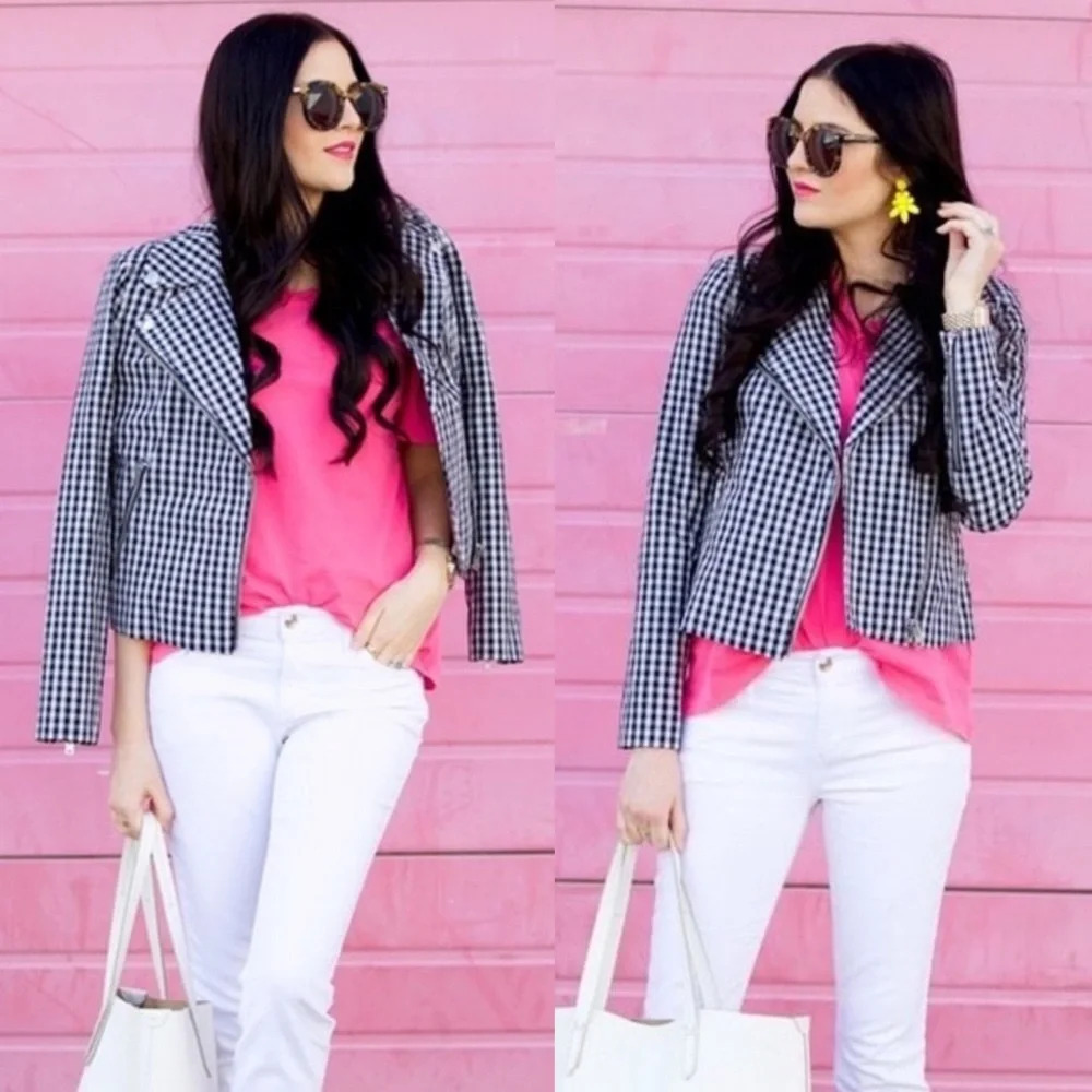 J. Crew White Blue Gingham Moto Motorcycle Jacket Size 2